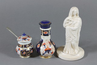 An early Creamware figure of a standing robed classical lady 4.5", a MacIntyre Derby style 2 piece condiment set comprising  mustard pot - chip to lid 2" and a club shaped pepper pot 3.5" -  chipped