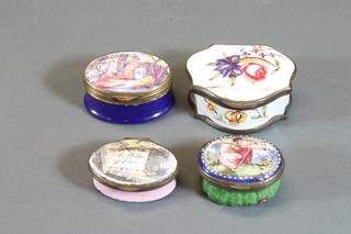 An 18th Century oval pink enamelled patch box with hinged lid,  marked a pledge of love 1.5", f, an oval patch box decorated a  bird catcher and marked Petty Dick and 2 other patch boxes