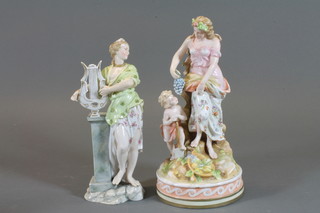 A 19th Century Continental porcelain figure of a standing classical lady depicting The Arts 8", hand r, and 1 other  porcelain figure of a lady gardener 9", r,