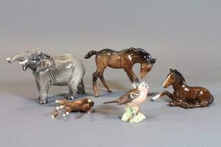 A Beswick figure of a standing elephant, tusks f, 4.5", do. bird  and 3 horses, all f,