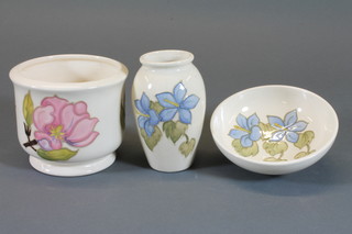 A Moorcroft blue glazed cylindrical chassepot decorated  magnolia 4", do. circular dish 4" and a vase 4"