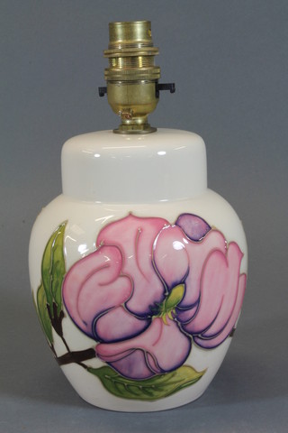 A Moorcroft ginger jar shaped table lamp decorated magnolia 6"