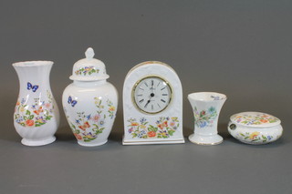 An Aynsley Cottage Garden patterned urn and cover 7", do.  vase, mantel clock, 1 other vase and a trinket box