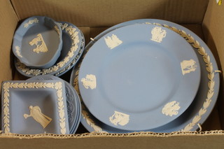 A 1977 Wedgwood blue Jasperware Jubilee plate, do. 1981  Royal Wedding plate 8", blue Jasperware plate 6.5", 3 small  dishes 4" and a collection of Wedgwood blue Jasperware