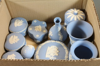 A Wedgwood blue Jasperware cylindrical jar and cover to commemorate 1953 Coronation 3.5", 2 circular Wedgwood  vases, a specimen vase and 5 jars and covers