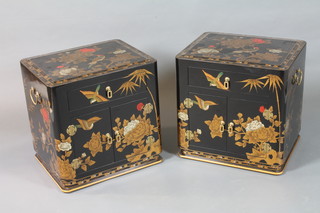 A pair of black lacquered bedside cabinets decorated in the  Japanese taste with song birds and flowers, fitted single drawer  above 2 cupboard doors, on plinth base 22"h x 22"w x 18"d