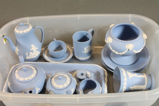 A Wedgwood rectangular pin tray 7", a miniature 5 piece  tea/coffee service, a miniature Jasperware mug, do. candlestick,  2 circular dishes 3" and 3 vases 2"