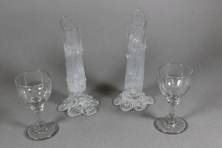 2 19th Century panel cut liqueur glasses and a pair of Art Glass  vases 7.5"