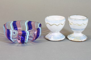 A pair of Art Pottery egg cups, base with seal mark CA 2",  together with a Murano glass bowl 4"