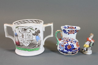 A Masons Ironstone octagonal jug, the base with blue mark 3.5",  a small Continental porcelain figure 3", f and r, and a 19th  Century pottery twin handled mug decorated The Farmer's  Prayer