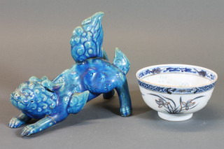 A 19th Century Chinese turquoise glazed porcelain model of a Shi Shi 7.5" and an Oriental rice bowl, cracked, the base with 6  character mark 4.5"  ILLUSTRATED