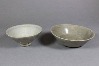 A Celadon crackle glazed bowl 5.5" and a similar dish 4",  cracked