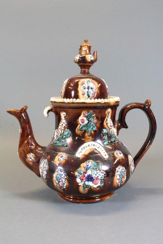 A 19th Century salt glazed bargeware teapot marked J Thompson  1874 14", some chips to rim,