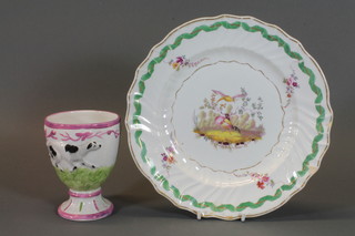 A lustre ware goblet decorated dogs 5" and a Meissen style  circular porcelain plate decorated birds 10"