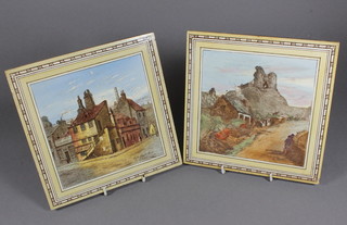 A pair of Minton tiles transfer decorated with 19th Century street scenes including Gatefoot Edinburgh and Criccieth Castle, 8"  square