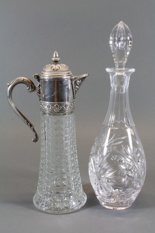 A cut glass mallet shaped decanter and stopper 13" and a moulded glass claret jug with plated mount 11"