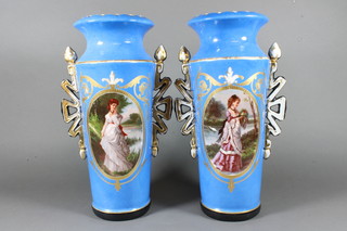 A pair of 19th Century Continental porcelain twin handled vases  with panel decoration of standing ladies 15"
