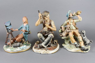 A Capo di Monte porcelain figure of a cobbler 8", 1 other of man drinking 8" and 1 other of an artist, f,