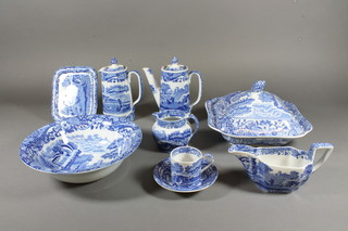 A 45 piece Copeland Spode Italian pattern dinner service comprising a pair of square soup tureens and covers 9", 6 soup  bowls 9" - 1 cracked 3 chipped, 5 dinner plated 10" - 4 chipped,  rectangular straining dish 6.5" - slight chip to back, sauce boat,  circular bowl 9.5", 7 shallow pudding bowls 6" - 1 cracked, 5  bowls 6.5", coffee pot - chip to spout, hotwater jug, 6 coffee  cans, 6 saucers - 1 cup and 2 saucers cracked, cream jug 3" -  chip to spout and a Willow pattern sugar bowl 5"