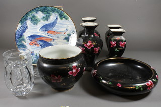 A Japanese circular charger decorated carp 12", a collection of 4 black glazed vases 8.5" and 7" - some chips, matching circular  bowl 10", jardiniere 7", a cut glass biscuit barrel etc