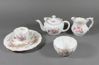 A 24 piece Royal Crown Derby posy pattern tea/dinner service comprising oval meat plate 12.5", 3 dinner plates 10.5", a twin  handled plate 9.5", 2 tea plates 8.5", milk jug 4.5", milk jug 4",  teapot, cream jug, sugar bowl, 6 saucers, 4 cups, 2 egg cups - 1  chipped