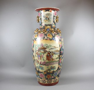 A 20th Century Japanese Satsuma club shaped vase decorated  figures by a pagoda, decorated polychrome enamels 33"