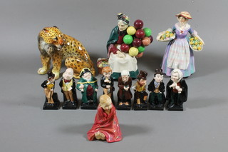 3 Royal Doulton figures - The Old Balloon Seller HN1315 - star  crack to base, This Little Pig and Daffy Down Dilly HN1713 -  star crack, together with 8 Royal Doulton Dickensian figures -  Scrooge, Artful Dodger, Buz Fuz, Dick Swiveller, Macawber,  Sam Weller, David Copperfield and Bumble
