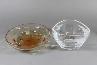 A Tiffany etched glass bowl decorated a map of the world 5.5"  together with a Thomas Webb amber glass bowl 8.5"