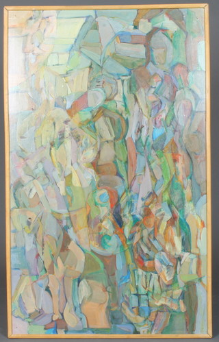 B M Pat?, 20th Century British School, acrylic on board "Family Relationships", an abstract figural study 35.5"h x 21.5"w