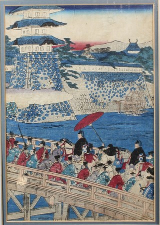 A 19th Century Chinese wood block coloured print depicting a procession on a bridge heading towards a temple 12.5"h x 8.5"w