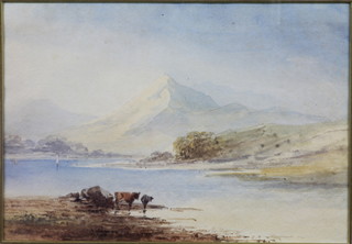19th Century British School, watercolour on paper, cattle  watering in a mountainous landscape, unsigned, 6.75"h x 9.5"w
