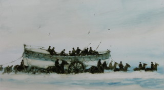 A British 20th Century School watercolour and acrylic on paper, coastal study of a life boat procession with horses, monogrammed  AN? 12"h x 21"w  ILLUSTRATED