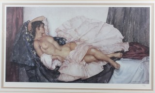 Sir William Russell Flint, 1880-1969, a limited edition coloured print, study of a reclining nude laying on drapes, 648/750, 11"h  x 20.5"w