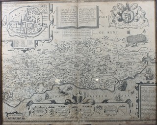 After John Speed, a John Norden 18th Century engraved map of  Sussex with Royal cartouche and Chichester vignette 15.5"h x  19.5"w