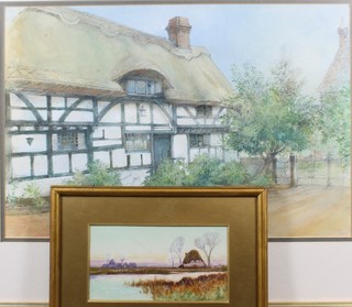 Eric Platt, 20th Century British school, watercolour on paper, study of a timber framed cottage, signed, 12"h x 18"w, together  with an early 20th Century watercolour on paper, thatched  homesteads in a marsh setting, mount inscribed F Edwards?  3.75h x 7"w
