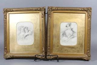 After J Hayter & H Austen, 2 monochrome prints, "The  Butterfly, a study of two young girls and a head and shoulder  portrait of Miss Lethbridge, 19th Century 5.75"h x 4.25"w  within foliate carved gilt wood frames