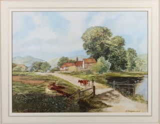A Trelease, early 20th Century British School, watercolour on  paper, a rural farmstead with cattle drover in foreground, signed  and dated 1907 11"h x 14.75"w