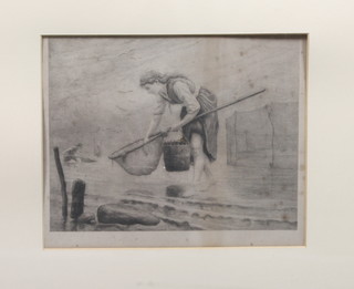 A 19th Century engraving, figures on a beach fishing for shrimp with nets, unsigned 8.25"h x 10.5"w
