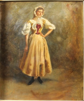 An early 20th Century Continental school oil on canvas, a full length portrait of a woman in country costume 16"h x 13.75"w