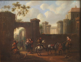 After Pieter Wouwerman, Dutch 1623-1682, 18th Century oil on  canvas study of a castle courtyard with figures on horse back in  foreground and hunters return within a romanticised landscape,  unsigned 13"h x 17"w  ILLUSTRATED