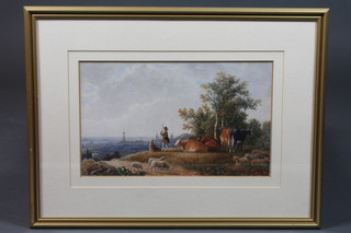 20th Century School, watercolour on paper, Dutch landscape in  the 18th Century taste depicting herdsmen in foreground 8.75"h x  14.5"w