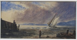 An early 19th Century British School, watercolour on paper, study of a sailing barge entering harbour in rough seas 3"h x  6.25"w