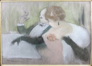 William Lunden, 1895-1977, pastel on paper, a comical caricature study of a portly couple enjoying champagne, 13.5"h x  19"w