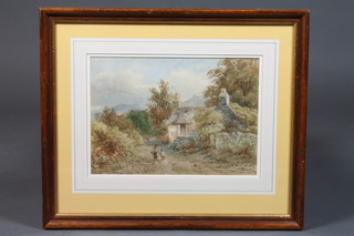 William Ellis, fl.1863-1864, 20th Century School, watercolour  on paper, study of mother and child walking a country track with  cottage in foreground, signed lower left corner, 9.5"h x 13.5"w