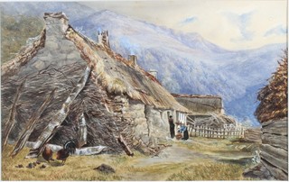 A late 19th Century Continental School watercolour on paper, an alpine farmstead with pastoral figures in foreground, indistinctly  signed 10"h x 16"w