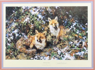 David Shepherd OBE, FRSA, a limited edition coloured print  "Winter Foxes" signed in pencil to margin, 1003/1500, 9"h x  13.75"