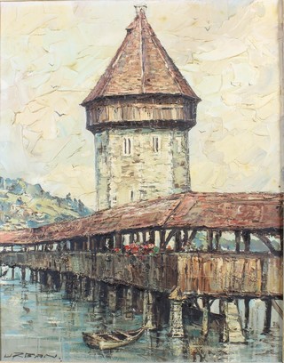 Max Urban, Austrian?, a mid 20th Century acrylic on canvas  study of the old bridge and water tower at Luzern, bears signature Urban 19.25h x 15.25w