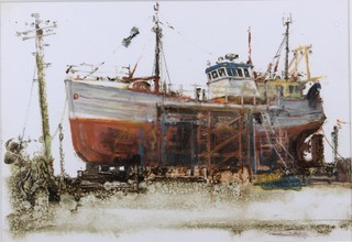An oil and watercolour on paper, 20th Century British School,  study of a beached fishing trawler, indistinctly signed 8"h x  11.5"w