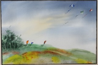 A 20th Century watercolour on paper, an impressionist rural landscape of kite flyers, signed Siddons, 11.75"h x 17.75"w
