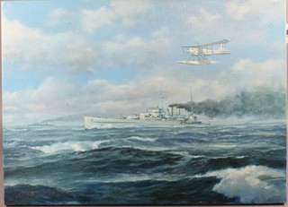 John Stevens, a late 20th Century oil on canvas, study of a  sea plane and frigate at sea, signed and dated '84 16"h x 22"w